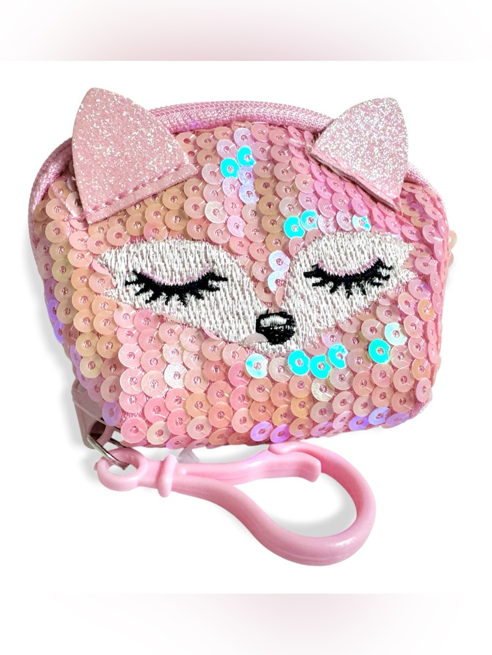 Fox Sequin Coin Purse Keychain Bag Pink NWOT